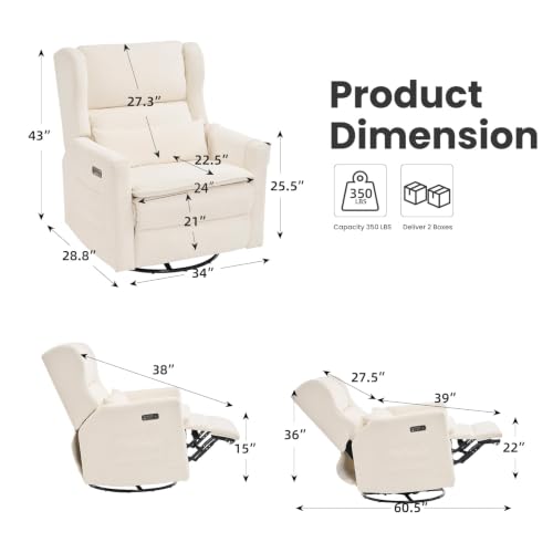 Image of Power Recliner Chair Swivel Glider with Adjustable Headrest,Oversized Swivel Rocker Recliner with Lumbar Support, Upholstered Nursery Glider Recliner for Living Room,White