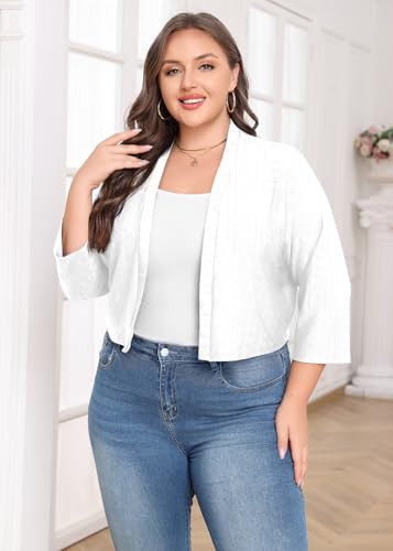 Lastshe Women's Plus Size Shrug Open Front 3/4 Sleeves Cropped Bolero Openwork Fabric Cardigan4