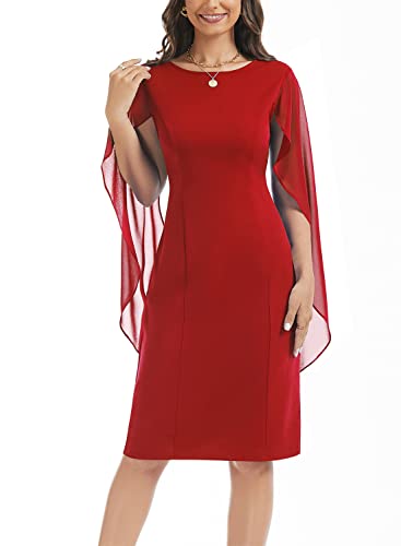 Women's Chiffon Cloak Sleeve Mini Cape Dresses V-Back Knee Length Elegant Petite Bodycon Wedding Guest Evening Party Cocktail Semi-Formal Dress 882 Red S #TOP2