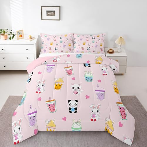 Image of Feelyou Cartoon Milk Tea Bedding Set Queen Size, Kids Cute Panda Comforter Set Kitten Cat Comforter Rabbit Duvet Insert 3Pcs