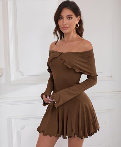 Image of Off The Shoulder Dresses for Women Long Slv Ruffle Bodycon Graduation Dress