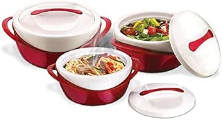 Pinnacle Insulated Casserole Dish with Lid 3 pc. set 2.6/1.25/.6 qt. Elegant Hot Pot Food Warmer/Cooler - Large Thermal Soup/Salad Serving Bowl Stainless Steel, Best Gift Set for Moms, Holidays - Red