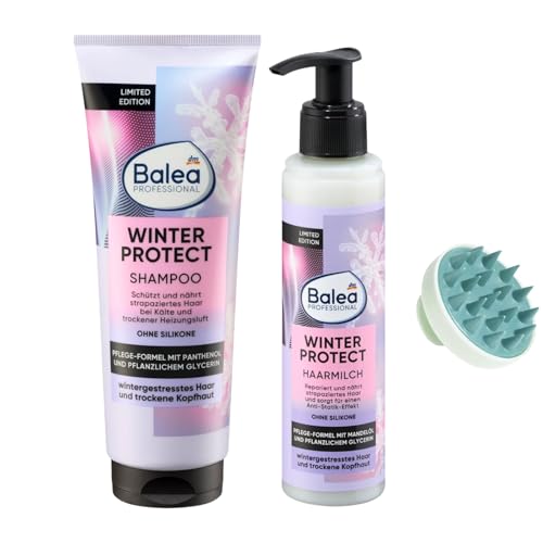 Balea - Juego de 2 champús Winter Protect, 250 ml + leche capilar Winter Protect, 150 ml + cepillo de masaje para cuero cabelludo