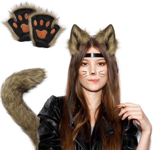Disfraz De Cola De Zorro De Piel Sintética Para Halloween | Diadema De Orejas, Collar De Cuero, Accesorios Para Fiestas