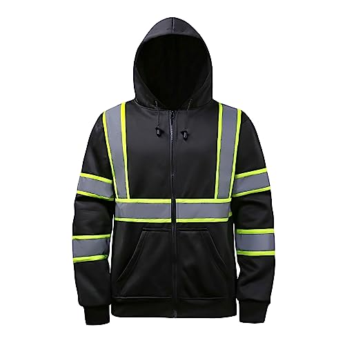 High visibility Hoodie for Men Class3,Hi Vis Hoodie with Zipper,Reflective Hooded Hood,Construction work Safety Sweatshirt with Large front Pocket for Men/Women BLACK,4XL