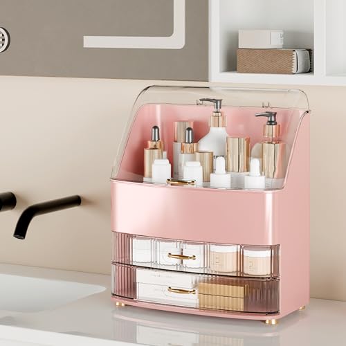 Image of Makeup Organizer Countertop Vanity with Transparent Lid Drawers Waterproof Dustproof Cosmetic Skincare Bathroom Storage Gift for Women Teens Girls (Pink)
