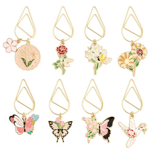 HOBBIESAY 8 piezas flores metal letras clips lindos marcadores con flores esmaltadas mariposa colgante artículos de oficina regalo para los amantes de los libros pinza papelería escuela