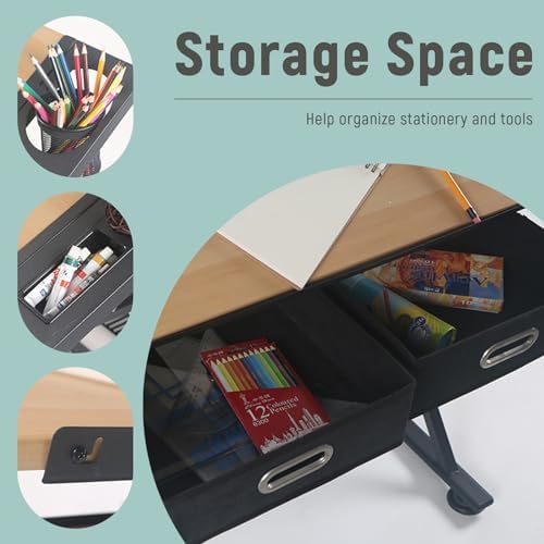 Drawing Tilting Tablet,(Vintage Wood Drafting Table & Stool Set Artist Desk, 0°-80° Tilted Tabletop, （26.8"-35.8"） Height Adjustable, Drawing Workstation for Home Office School Study)