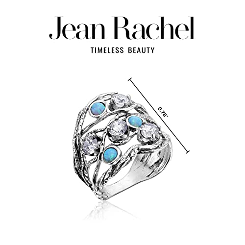 925 Sterling Silver Ring With 3 Blue Round Opal 4 White Round Cubic Zirconia Boho Chic Vintage Look Hypoallergenic Nickel And Lead-Free, Artisan Handcrafted Designer Collection, Made In Israel #TOP6