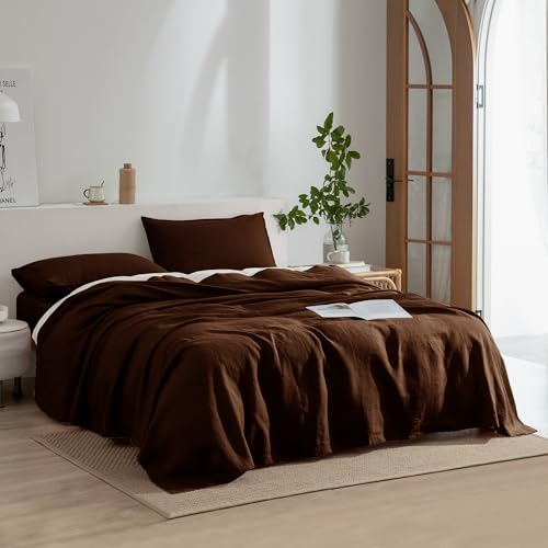 Image of EVERLY Linen Sheets Set King Size,100% French Stonewash Pure Linen Bed Sheets,4Pieces (1Flat Sheet,1Fitted Sheet,2Pillowcase) Suitable for Hot Sleepers,Deep Pocket Natural Bedding Set-Chocolate