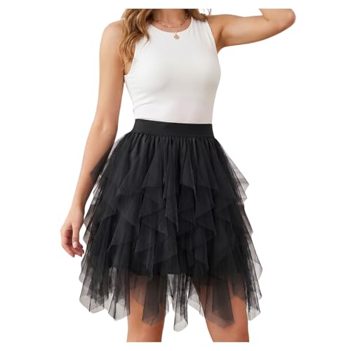 WERFORU Saia de tule para mulher, de cintura alta, linha A, saia midi de verão, A-preto., S