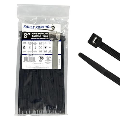 Kable Kontrol Cable Zip Ties 100 Pcs 8 Inch Black, 50 Lbs Tensile Strength, Self-locking UV Resistant Plastic Nylon Wire Ties, for Indoor or Outdoor Use