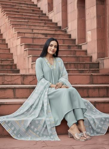 Image of SHIENZY Women's Embroidered Kurta Pant Set with Dupatta | Straight Kurta Set for Women | Ethnic Kurta Set for Women, Traditional Indian Kurta Pant Dupatta Set