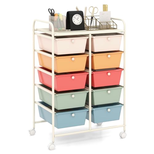 HAPPYGRILL 10-Drawer Rolling Storage Cart, Storage Organizer Cart with Lockable Wheels, Beauty Salon Movable Utility Cart for School, Office, Home, (Macaroon Colorful)