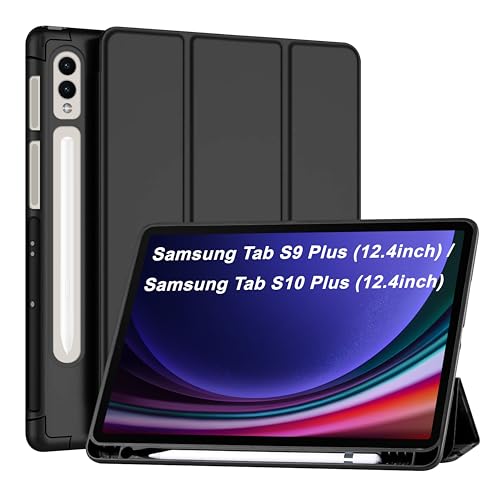 Image of CEDO Tri-Fold for Samsung Tab S9+ Plus / S10+ Plus (12.4 in) Smart Case Flip Cover with Multi Viewing Angles Stand | Pencil Holder | Heat Dissipation | TPU Backcover (Black)