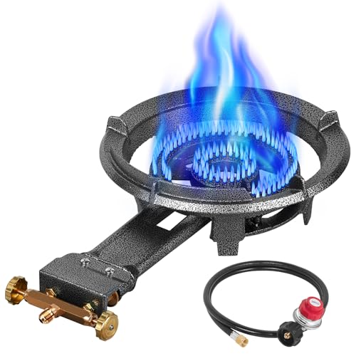 Image of Llamaviva 90,000 BTU Portable Propane Burner Stove Cast Iron Single Burner for Outdoor Wok Cooking 0-20 PSI Adjustable Regulator & 4 ft Hose - Lightweight & Easy to Carry for Camping