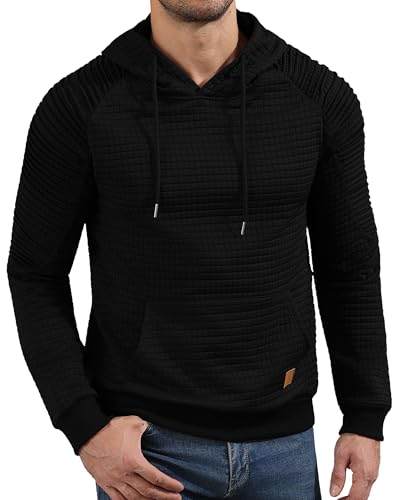 Aiyino Mens Long Sleeve Waffle Knit Pullover Hoodie with Pocket Black