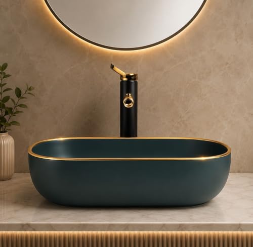 Image of OSOSAM Premium Designer Table Top Ceramic Wash Basin /Vessel Sink with Slim Rim for Bathroom (18 x 13 x 5.5 Inch) (Matte Green)