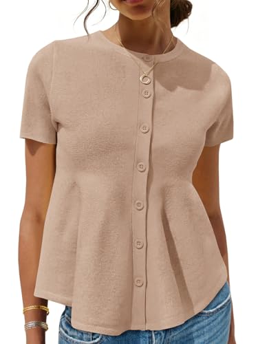 Image of Saodimallsu Womens Short Sleeve Cardigans Ruffle Button Down Crew Neck Peplum Babydoll Knit Sweater Tops