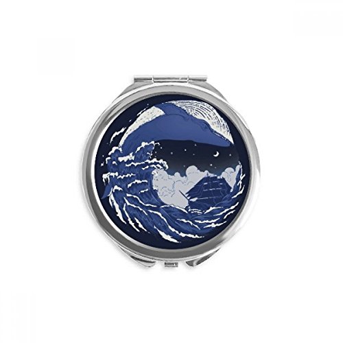 Espejo de maquillaje redondo y compacto con estampado artístico de olas del mar azul oscura