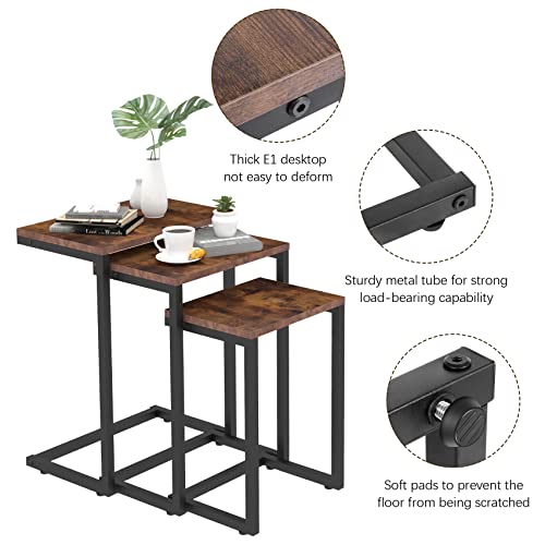 Snack Side Table Nesting End Tables Set Of 3, C Shaped End Table With Adjustable Height, C Side Tables For Sofa Couch And Bed, Rustic Brown Nesting C Shaped End Tables For Living Room, Home, Bedroom #TOP4