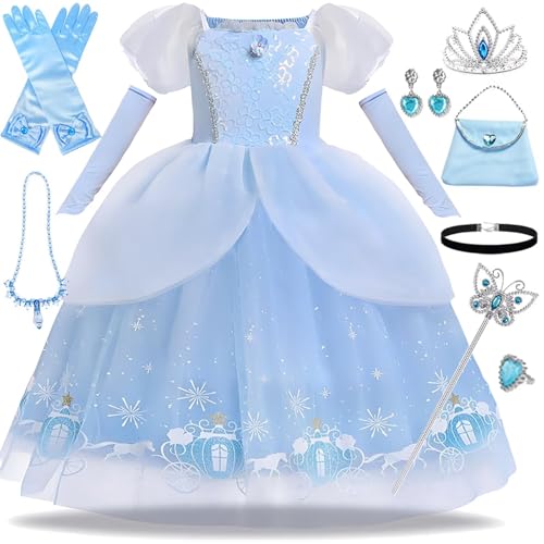 PIXUYE - Disfraz de princesa para niñas, vestido de princesa infantil con accesorios, disfraz azul para Halloween, carnaval, fiesta, cumpleaños, Navidad, B-100 cm
