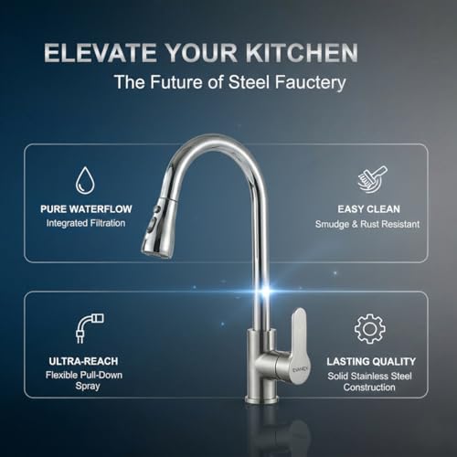 Image of EVANEX Kitchen Facuet | 304 Grade Stainless Steel Pull Down Kitchen Faucet | 360 Degree Rotating Tap for Sink | Water Saving Aerated Flow | Deck Mounted Kitchen Sink Faucet