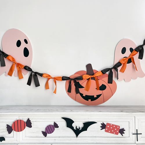 Image of Halloween Stain Bow Garland | 6ft Linking Knot Bow Banner with 3ft Extend Ribbon for Halloween Party Vibes Wreath & Spooky Boo Decor (Orange & Black, 6ft)