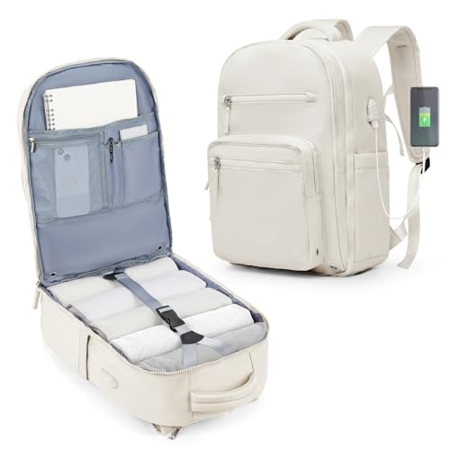 Image of Travel Carry on Backpack, Aesthetic Laptop Backpack Purse for Women Men Airline Approved, Waterproof Personal Item Size Backpack Casual Daypacks for College, Business with USB Charging Port, Beige