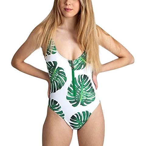 zhangqing Women One-Piece Swimsuit Leaf Print U-Shaped Neck Half Zip Swimwear with Chest Pad (Green, XL) Cover