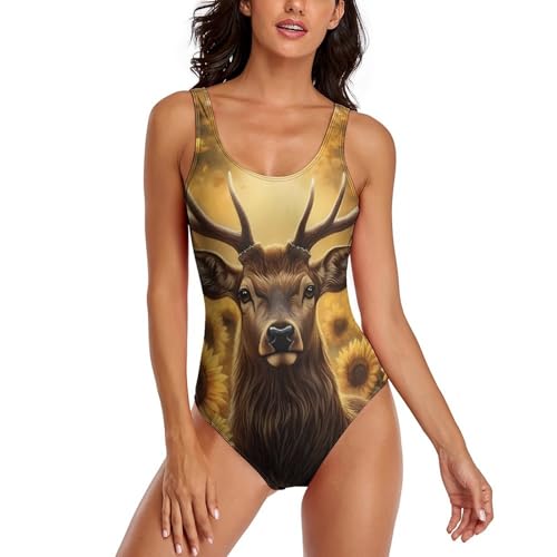 Traje de baño con Estampado de Ciervos y Girasoles para Mujer, con Espalda Descubierta, Ideal para la Playa en Verano.