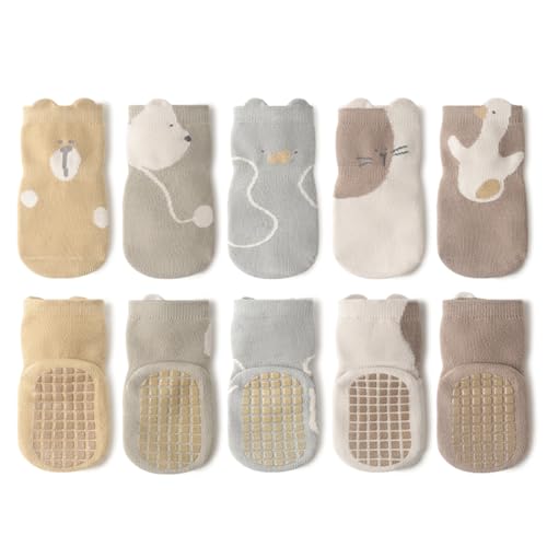 TootyTots Calcetines antideslizantes para niños pequeños con agarres para bebés, niños y niñas, 5 pares de calcetines de algodón con pinzas, 5 pares de bonitos colores, 3-5 años