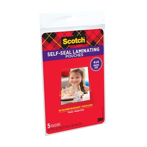 Image of Scotch Self-Sealing Laminating Pouches, Gloss Finish, Photo Size 4 x 6 Inches, 5 /Pack
