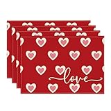 Artoid Mode Love Heart Red Placemats Set of 4, 12x18 Inch Wedding Anniversary Table Mats for Party Kitchen Dining Decoration