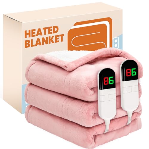 PTQ Electric Heated Blanket, Flannel & Sherpa Fast Heating Soft Fleece Heated Queen Blanket 84"x90" with 8 Heating Levels & 8H Auto Off-Pink