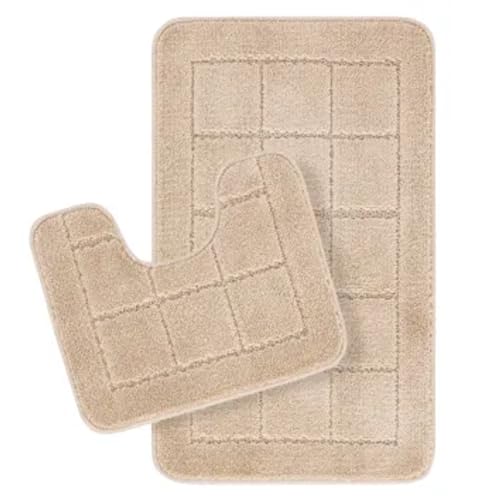 Surya Bathroom Mat Sets 2 Piece Washable, Non Slip Bath Mats - Bathroom Accessories Set Includes Easy Care, Absorbent Bathmat Rug, Shower and Co-ordinating Pedestal Mat for Toilet - Beige,50x80cm