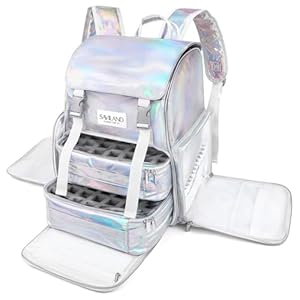 SAVILAND Nail Polish Organizer Bag: Large Nail Kit Organizer Holds 70 Bottles, Nail Lamp & Nail Drill, Holographic Nail Polish Holder Carrying Case with 2 Removable Pouches & Tools Storage Sections