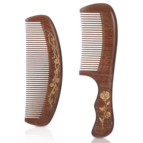 Giantree 2 Pcs Wooden Hair Comb, Sandalwood Scent Natural Hair Detangler Wide Tooth Wood Comb Anti-Static for Women Men Curly Fine Straight Wet Dry Hair