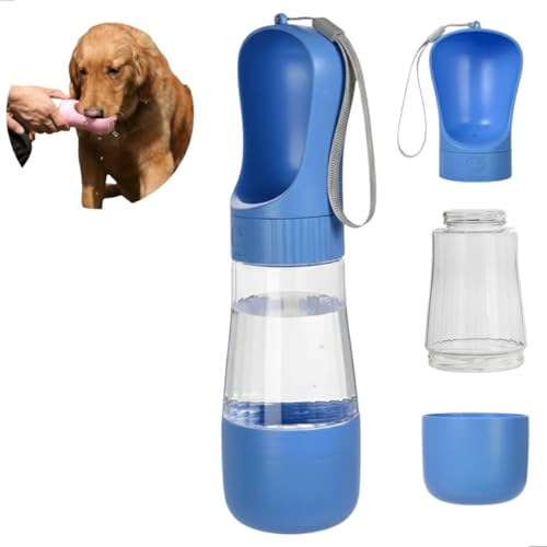 Garrafa Pet Portátil 2 em 1 Garrafa de Agua Pet Bebedouro e Comedouro para Cachorro e Gato Anti-Vazamento Perfeita para Passeios Viagens e Caminhadas 320ml Água + 170ml Ração (Azul)