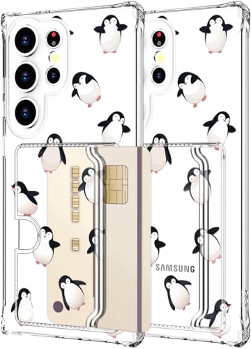 Étui portefeuille Samsung S25 transparent avec porte-cartes et motif pingouin