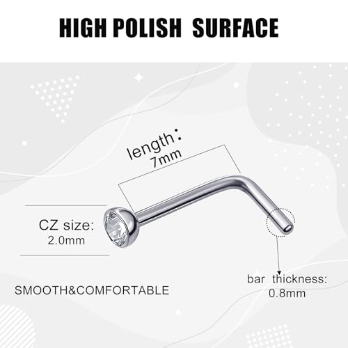 Mudder 20 Pcs Nose Rings Studs L Shaped Stainless Steel Nose Piercings Crystals L Bend Rings Rhinestone Screw Studs Piercing Curved Body Jewelry Ideal Gift for Women Men, 20 Gauge2