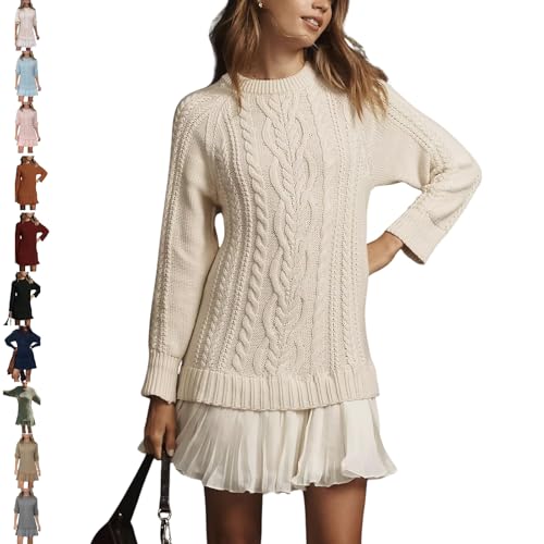 Women Crewneck Cable Knit Sweater Mini Dress, Fall Winter Long Sleeve Mini Warm Pleated Twofer Style Patchwork