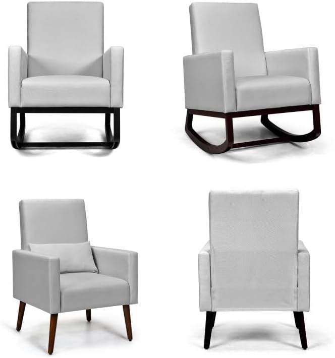 2-in-1 Fabric Upholstered Rocking Chair with Waist Pillow in Light Gray Color for Living Room or Nursery