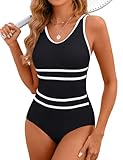 Edelqual One Piece Swimsuit Women Tummy Control Athletic Modest Full Coverage Bathing Swim Suits Color Block Swimwear Vacation Outfits Summer Fashion Clothes (Black,XL)