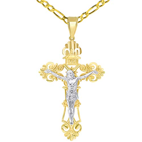 Solid 14K Two-Tone Gold Roman Catholic Cross Jesus Inri Crucifix Pendant With Figaro Chain Necklace, 24" #TOP8
