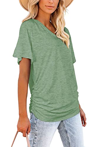 Image of WIHOLL Womens Summer T-Shirts Short Sleeve V Neck Dolman Tops with Side Shirring Loose Fit Shirts Spring Fashion