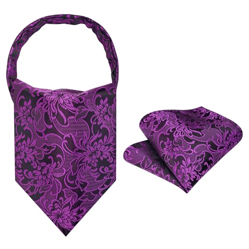 Image of HISDERN Ascot Ties for Men Paisley Floral Ascot and Pocket Square Set Classic Self Tie Mens Cravat Handkerchief for Wedding