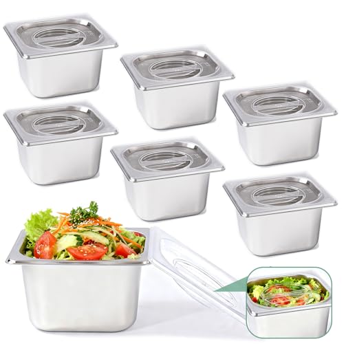 Bofolai 6 Pack Stainless Steam Hotel Pan with Lid, 1/6 Size x 4 Inch Deep Table Steam Pan Restaurant Supplies Reusable Anti Rust Catering Storage for Home, Buffet,Party, Restaurant, Hotel