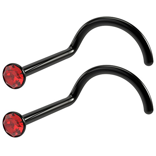 Evonix BQNSRWBLK-LIAM 2Pc 20G Black Nose Screw 2Mm Crystal Light Siam Red Cz Twist Nostril Studs Hypoallergenic cover
