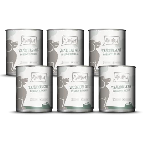 Dehner Best Nature Hundefutter Adult, Rind und Pute mit Karotten, 6 x 400 g (2.4 kg) 3 MjAMjAM - Premium Nassfutter für Hunde - vorzügliches Kalb an gedämpfter Zucchini, 6er Pack (6 x 800 g), getreidefrei mit extra viel Fleisch